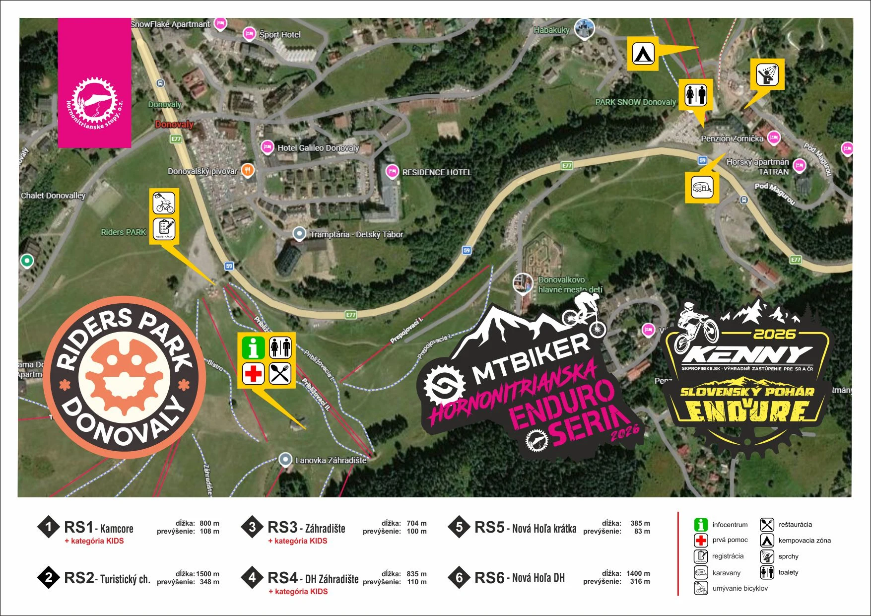 Mapa areálu Riders Park Donovaly s vyznačeným infocentrom, registráciou, prvou pomocou, parkovaním pre karavany, kempovacou zónou, sprchami, toaletami, umývaním bicyklov a reštauráciou, plus prehľad šiestich rýchlostných skúšok