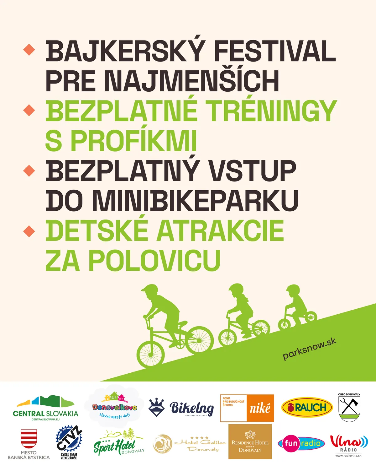 Vizuál MINI RIDERS FESTU s prehľadom benefitov: bajkerský festival pre najmenších, bezplatné tréningy s profíkmi, bezplatný vstup do minibikeparku a detské atrakcie za polovicu