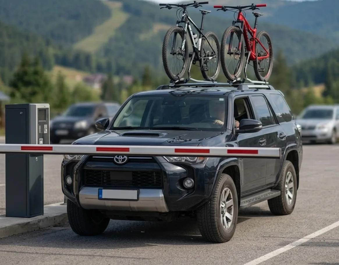 Parkovisko P2 — vjazd so závorou, bicykle na streche auta